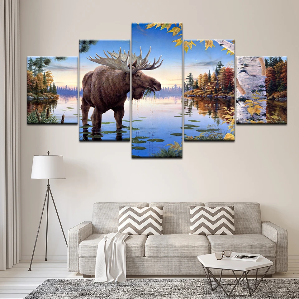 Canvas painting scary cow in the water 5 murals art modular wallpaper poster print for living room home decor | Дом и сад