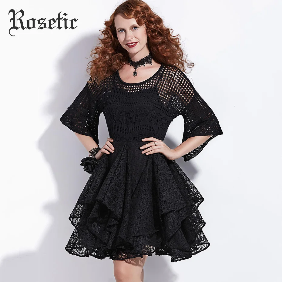 Rosetic, готическое платье, женское, черное, летнее, ТРАПЕЦИЕВИДНОЕ, кружевное, с расклешенными рукавами, двойные, повседневные, вечерние, модные, сексуальные, готические, женские платья