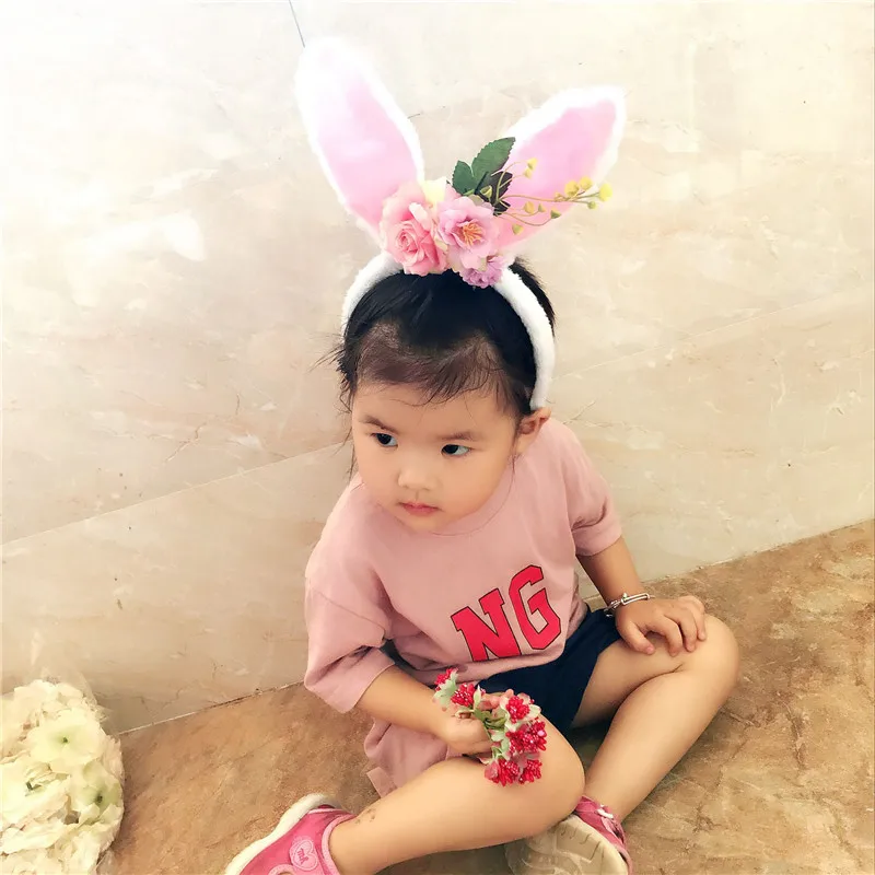 Дети Hairband кролик уха лента для волос для Платье на день рождения с цветочным принтом повязка для волос Интимные аксессуары для фотосессий