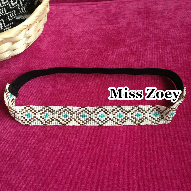 AHO024(1) 2.5cm Wide Blue/White Mexico Indian Style Totem Beaded Handmade Hemp Hippy Boho Woven Adjustable Headband For Women | Украшения и