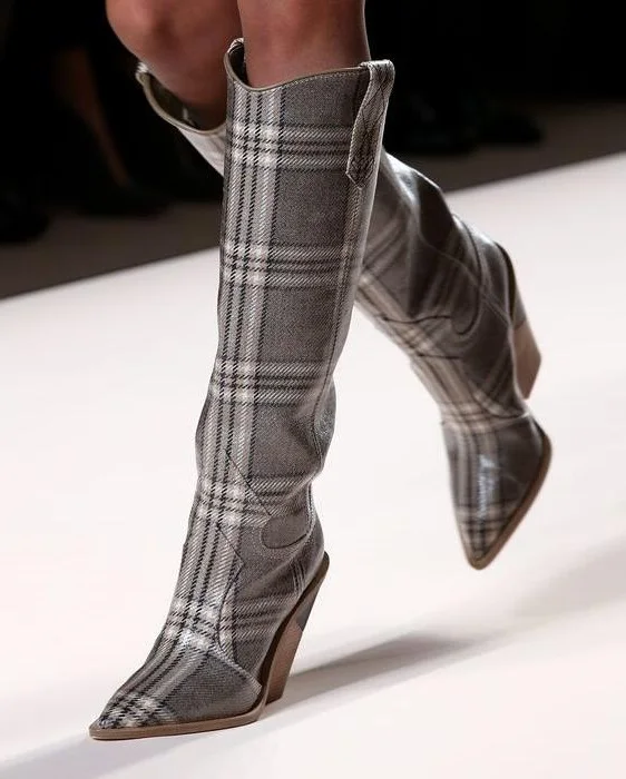 

Genuine Leather Snakeskin Knee High Boots Pointed Toe Cone Heels Runway Boots Sexy Winter Tight High Wedge Boots Plus Size 10