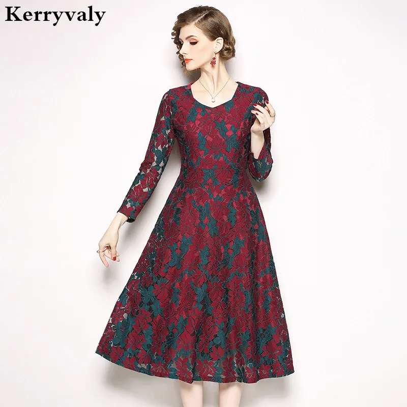 Осеннее красное рождественское кружевное платье с длинными рукавами Vestidos зима