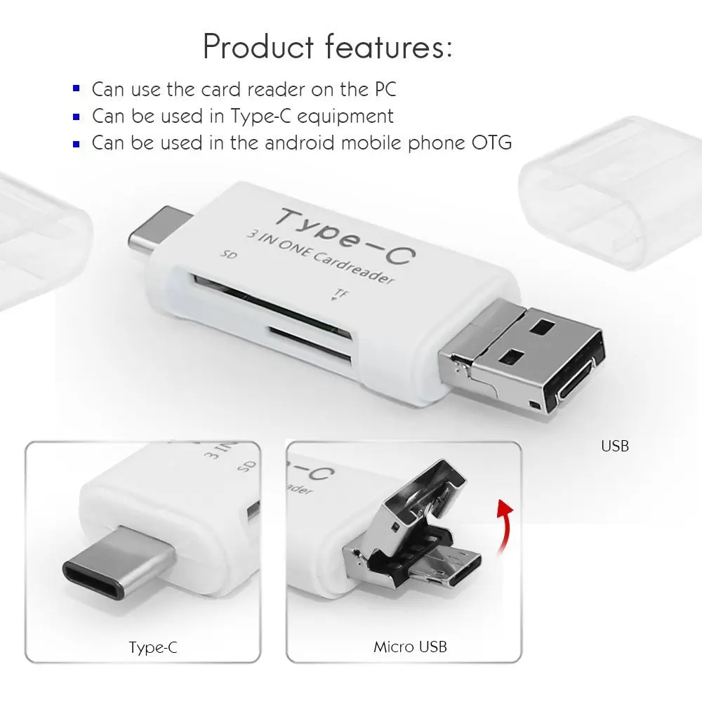 Адаптер для чтения карт Micro USB 3 в 1 OTG Type C Xiaomi Redmi Note 7 Huawei P20 Lite Mate 20 Pro Oneplus 6T 6