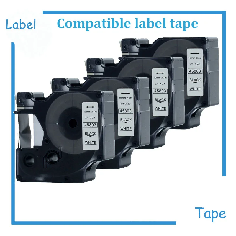 4PK Black on White Label Cassette Compatible for DYMOD1 45803 Label Tape 19mm 7m ( 3/4 x 23)
