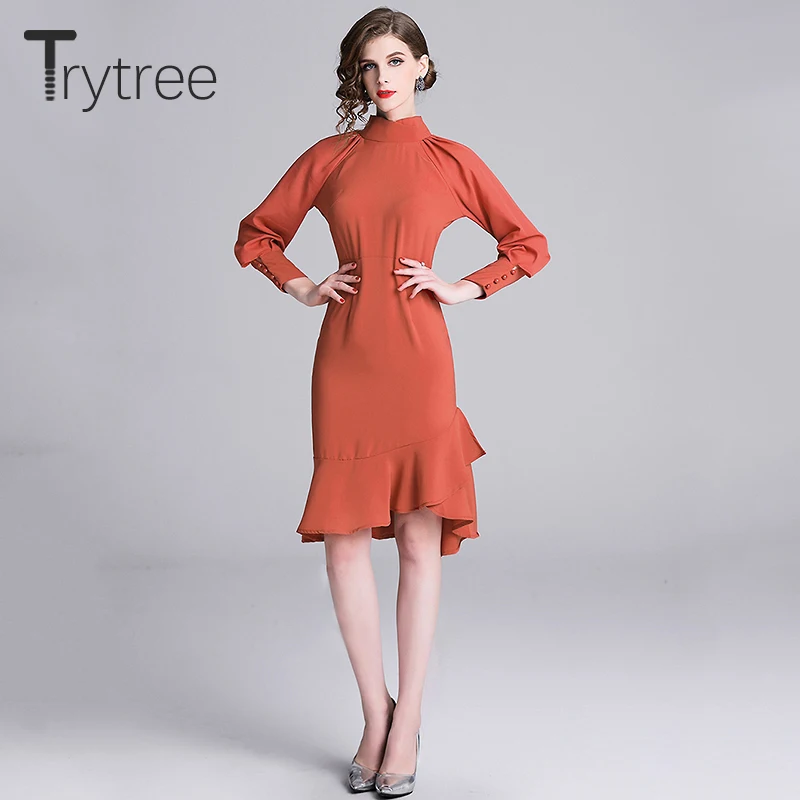 Trytree осеннее платье Элегантное полиэфирное одноцветное Оранжевое Женское