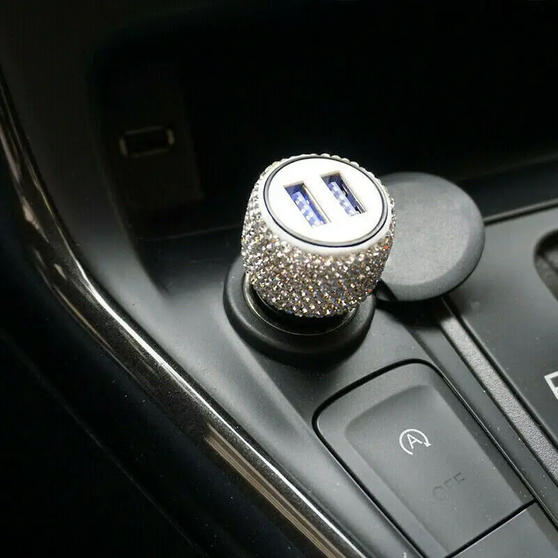 Диаманта Bling Стразы Двойной Автомобильное usb-устройство для зарядки телефона Apple