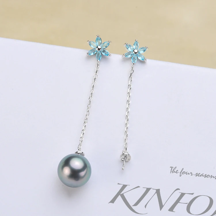 

925 Sterling Silver Pearl Party Earrings Blue Flower Mountings Classical Silver Jewelry Parts Fittings Women's Accessories