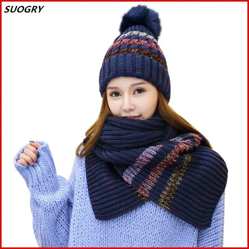 

Autumn Winter hat and scarf Sets For women's hat Thick Warm Knitted Beanies For Girls Fur Ball Skullies Thick Female Beanie