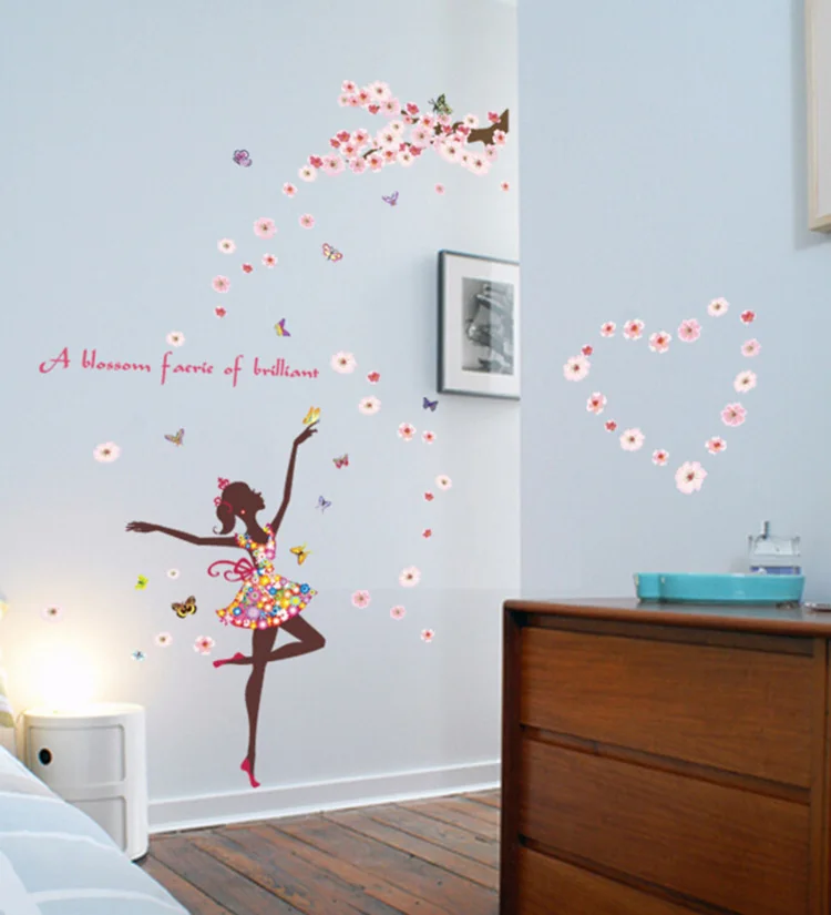 Romantic flower fairy beautiful girl large wall stickers home decor living room girls rooms removable art wallpaper | Дом и сад