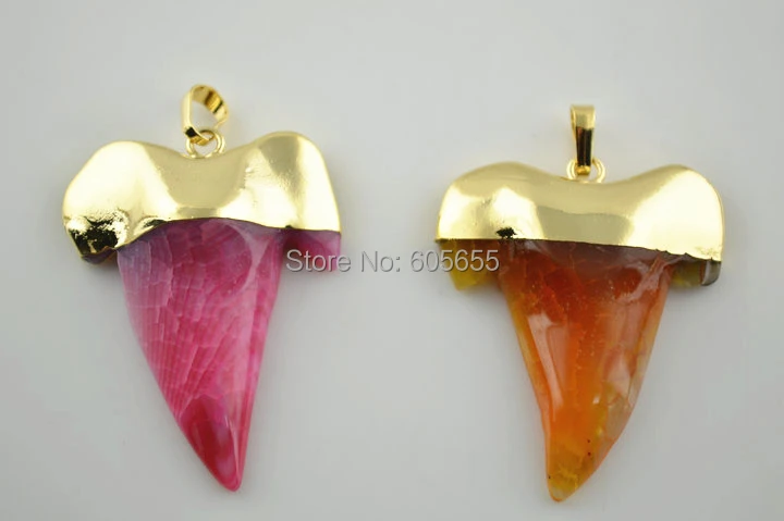 Позолоченные Зубы Акулы Формы Шкентель Розовый и Желтый Камень Подвески Мода