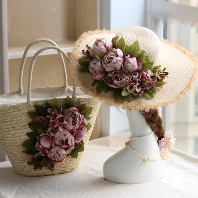 Ручная Плетеная соломенная сумка с цветами пиона набор соломенных шляп пляжная
