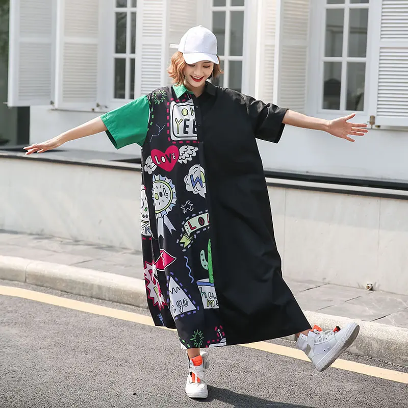 XITAO Plus Size Street Midi Dress Women Korea Fashion Turn Down Collar Patchwork Print Pattern Cardigans New WBB4449