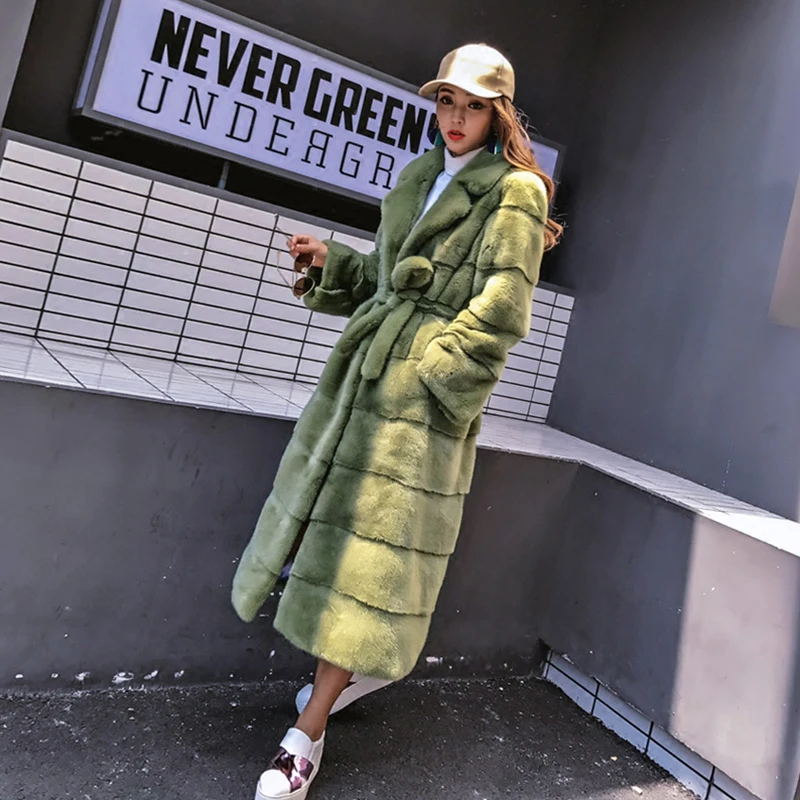 LVCHI Winter Female Sashes Long Coats Import Real mink jacket High-grade velvet Natural fur mink Women's clothing Suit collar