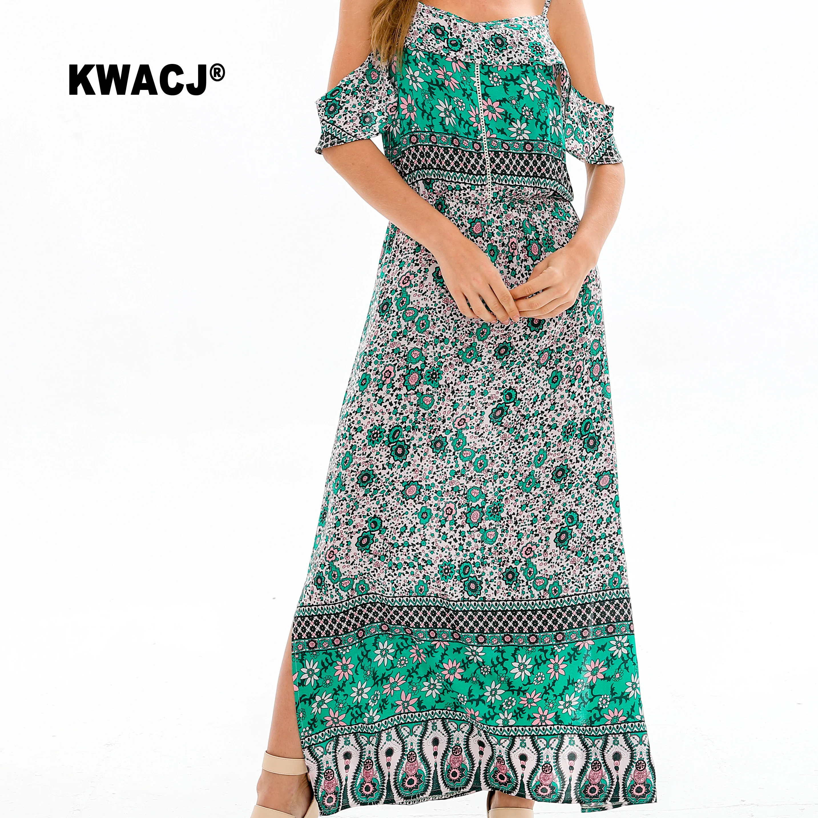 KWACJ зеленое Цветочное платье с открытыми плечами Boho ЖЕНСКИЕ НАРЯДНЫЕ ремни