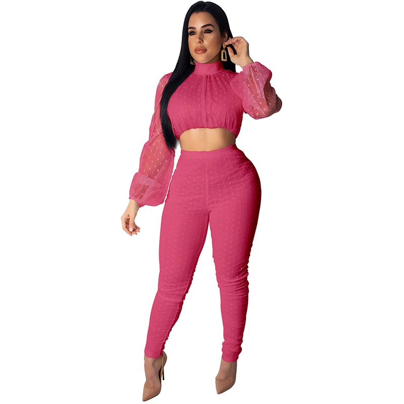 Perspective dot mesh long-sleeved short jacket nine points trousers split two-piece free shipping | Женская одежда