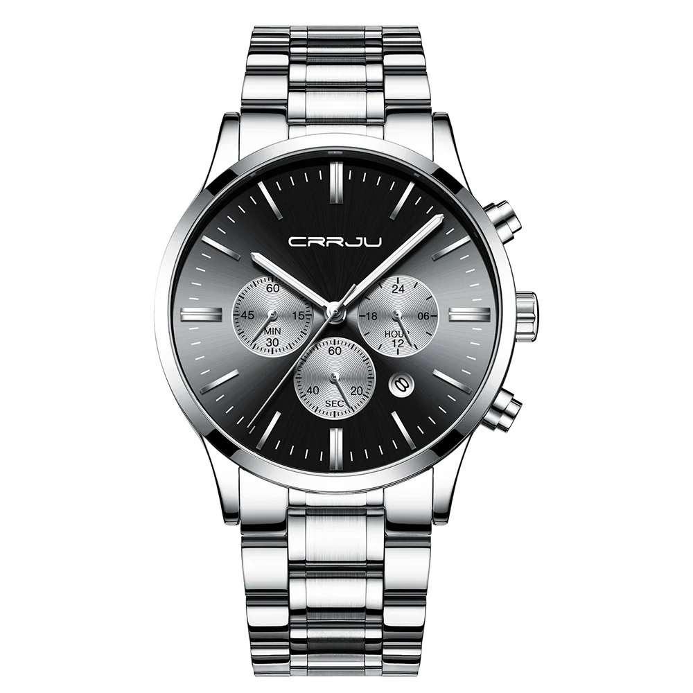 Steel silver black Relojes часы из нержавеющей стали мужские CRRJU лучший бренд класса люкс Бизнес Кварцевые часы мужские водонепроницаемые часы horloges mannen - Цвет: Steel silver black