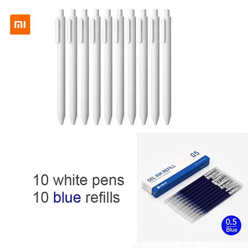 White with Blue ink 10 шт.,, Xiao mi jia Kaco, ручка, 0,5 мм, сердечник, прочная ручка для подписи, заправлять черными чернилами, для дома, школы, офиса - Цвет: White with Blue ink