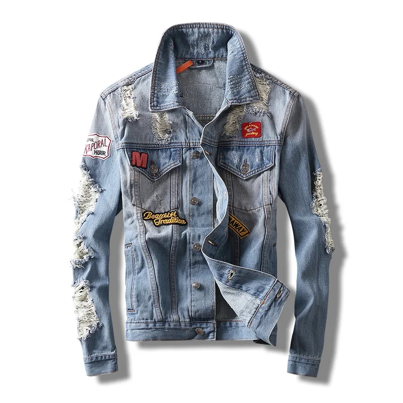 

American Streetwear Fashion Men Jacket Retro Blue Patches Designer Ripped Denim Jacket Men Cotton Coats Hip Hop Chaqueta Hombre