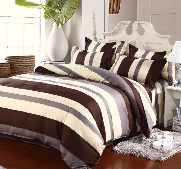 Комплект постельного белья удобное мягкое серое хлопковое белье в полоску