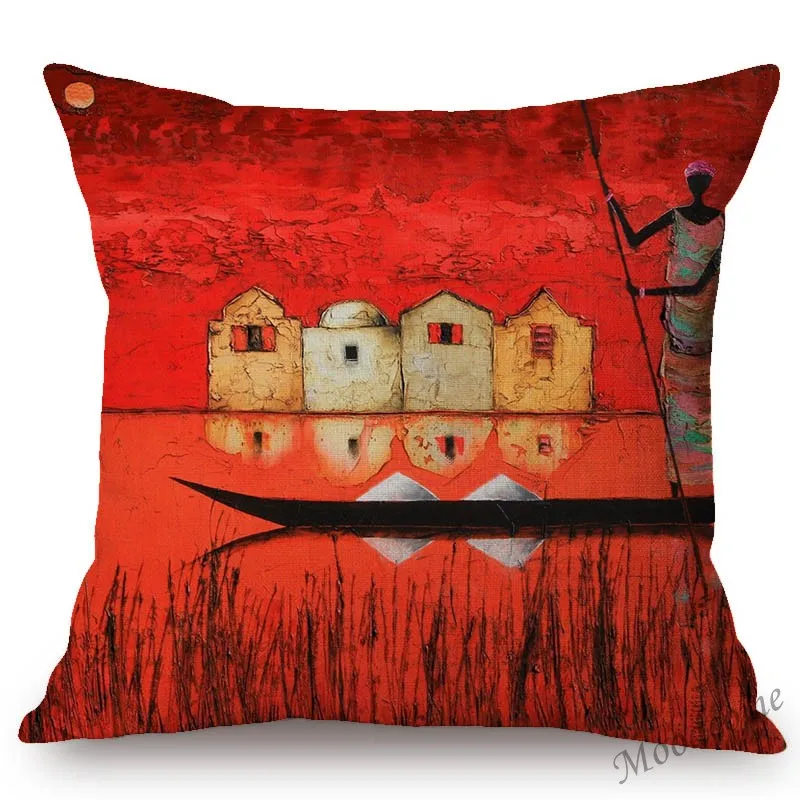 2019 Africa Impression Paintin Antique Red Decoration Throw Pillow Orange African Life Dancing Cartoon Art Linen Cushion Cover | Дом и сад