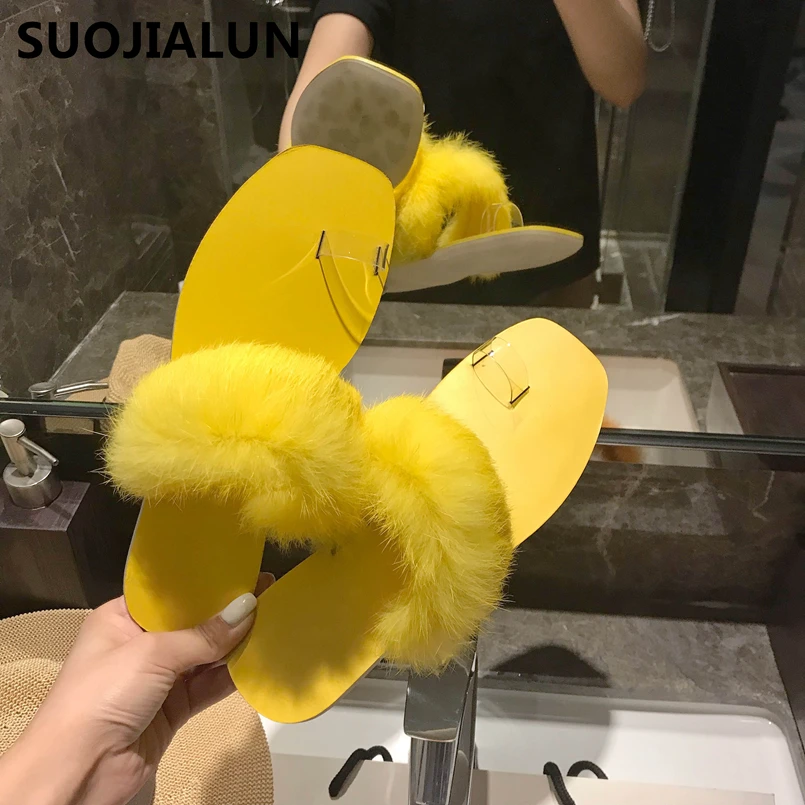 SUOJIALUN/ г.; женские летние пушистые тапочки; женские прозрачные Плюшевые сандалии с лисьим мехом; повседневные уличные шлепанцы на плоской подошве с квадратным носком