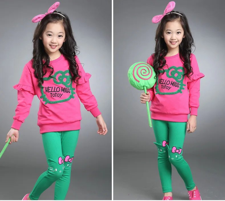 HELLO KITTY Комплекты одежды для девочек весна хлопок милый костюм для рубашка для девочек+ штаны комплект одежды для детей высококачественная одежда комплект