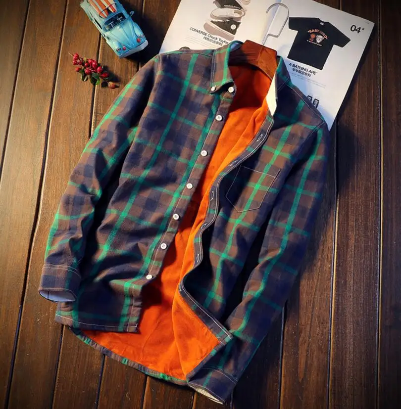 Plaid Shirt Thick Warm Fleece Autumn Winter Flannel Red Checkered Shirt Men Shirts Long Sleeve Chemise Homme Cotton Male 5xl 4xl - Цвет: Зеленый