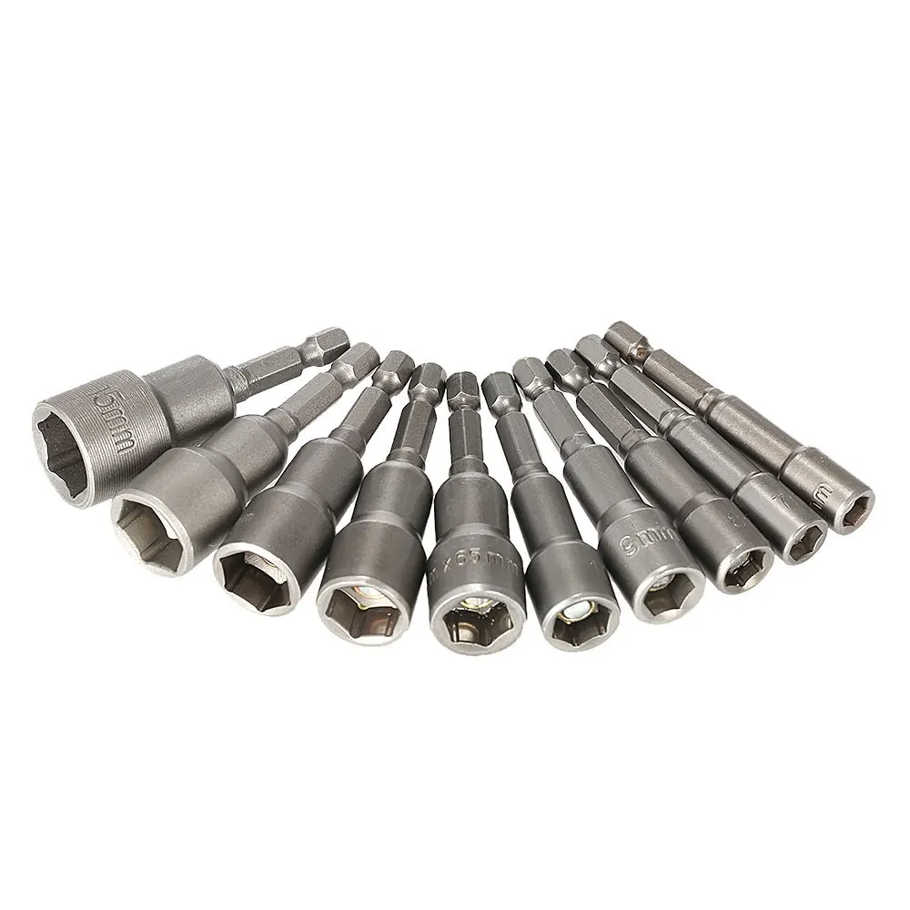 

10pcs 6-15mm Pneumatic Strong Power Magnetic Nut Driver Drill Bits Set 65mm 1/4" Hex Shank Metric Socket Wrench Screw
