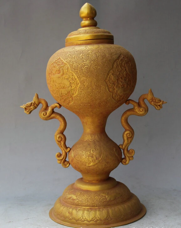 USPS to USA S2440 10&quot Chinese Dynasty palace Copper Gild Dragon handle vessel kettle Pot Jar Crock | Дом и сад