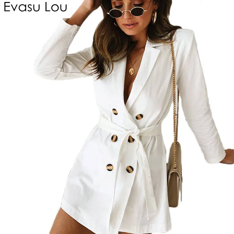 Evasu Lou 2018 New Spring Autumn Women White Double Breasted Long-sleeve Waist Tie Trench Coat Female Casual Thin Coats EV033 |