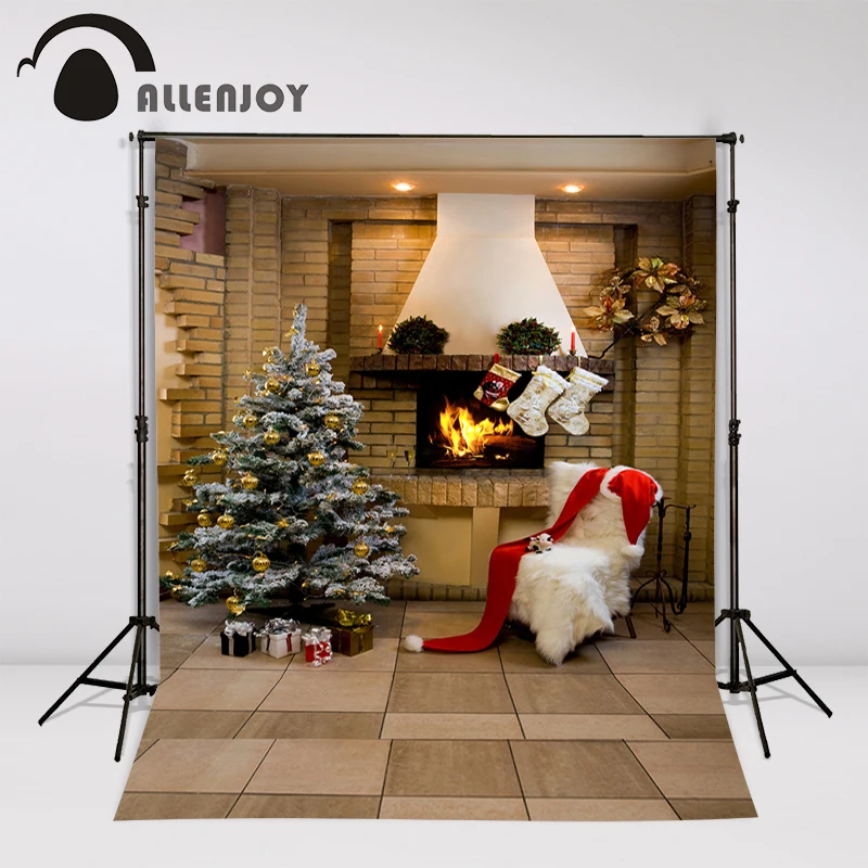 Фон для фотосъемки Allenjoy Рождество Камин дерево стул кирпичная стена фотография |