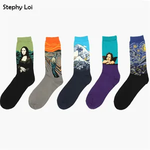 Бесплатная доставка, хлопковые мужские носки Осенние Зимние Модные Носки с рисунком маслом Monalisa, повседневные носки контрастных цветов с узором, размеры 36-44