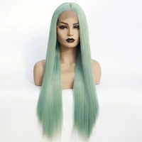 mint green wigs long half hand tied synthetic wig natural straight glueless wigs for women heat resistant fiber