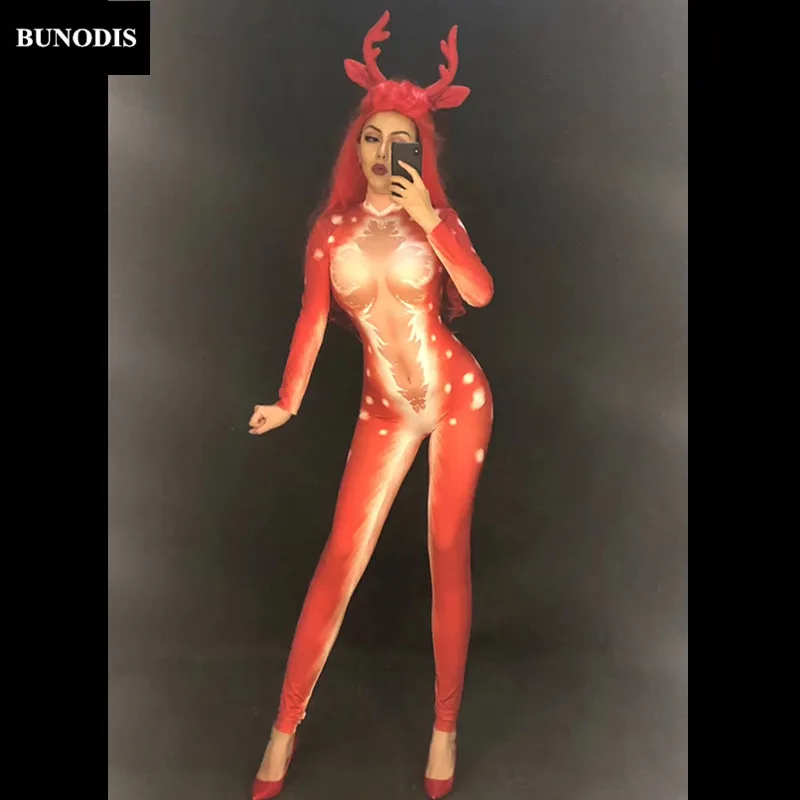 ZD402 Christmas Style (Without Headwear) Women Sexy Red ELK Jumpsuit 3D Printed Bodysuit Nightclub Party Stage Wear Dancer