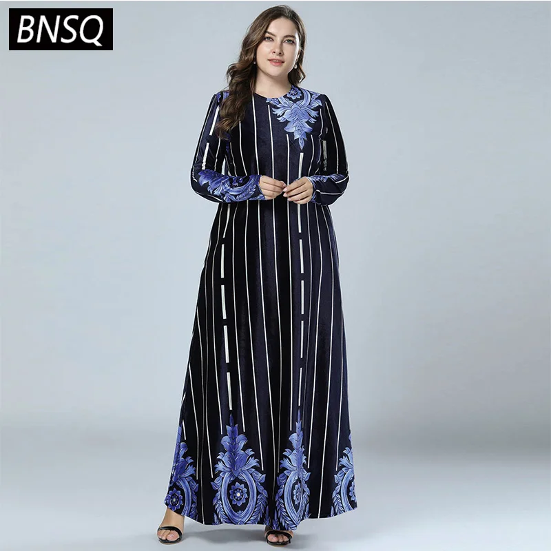 BNSQ Spring 2019 Stripe Patchwork Print Velet Dresses Navy Blue Long Sleeve Round Neck Maxi Dress Women Elegant Casual New | Женская