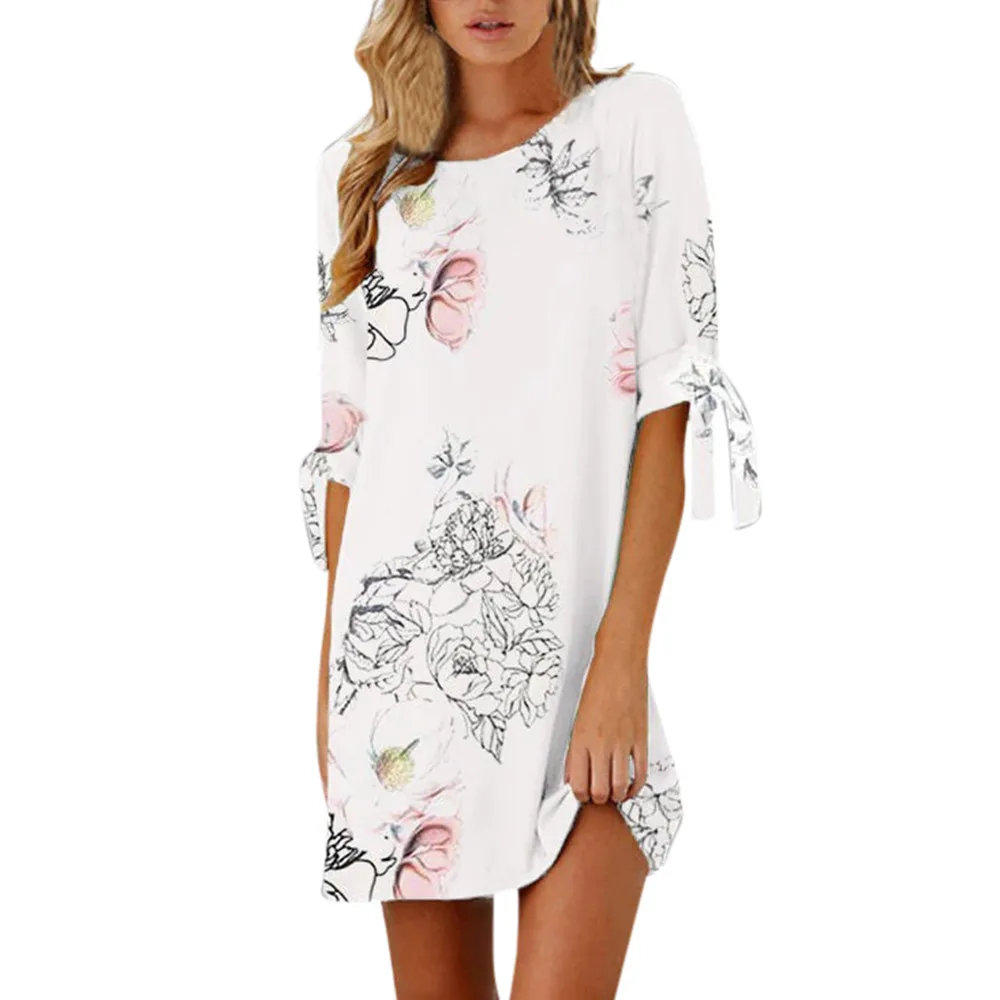 

Sexy Womens Dresses Women Summer Half Sleeve Bow Bandage Floral Striaght Casual Short Mini Dress