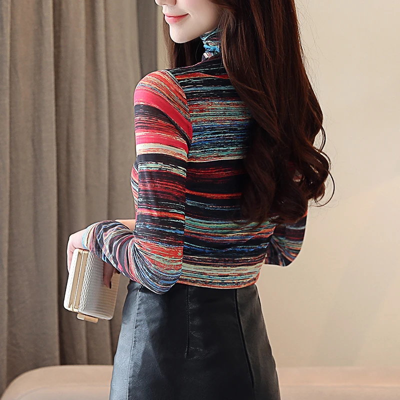 

Women Fashion Long Sleeves 2021 New Spring Wild Striped Print High Collar Bottoming Blouse Women Tops Plus Size 2346 50