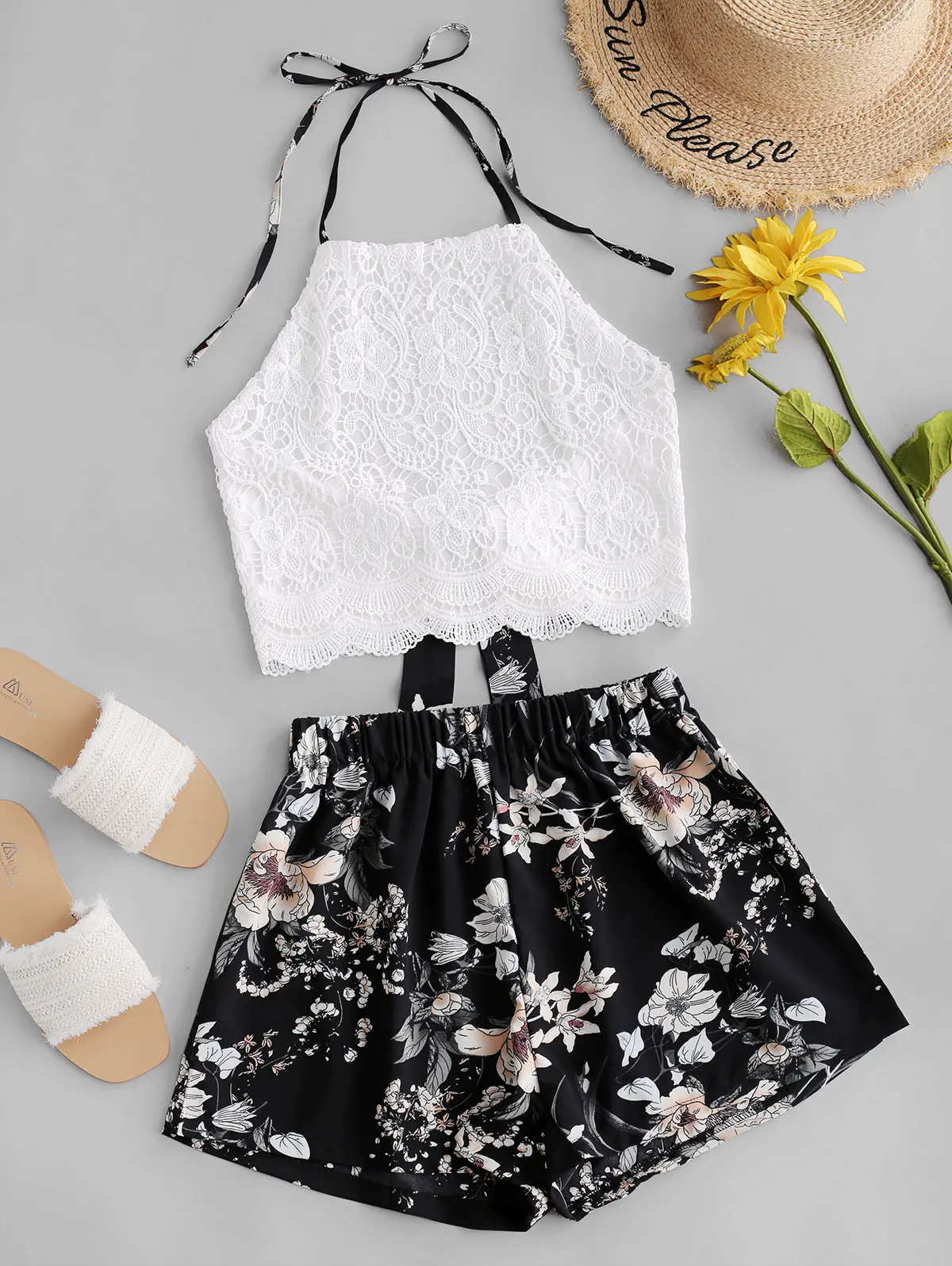 ZAFUL Lace Panel Floral Halter Two Pieces Suit Chic High Waist Sleeveless Women's Sets Vintage Pullover Crop Top And Shorts 2019 | Женская
