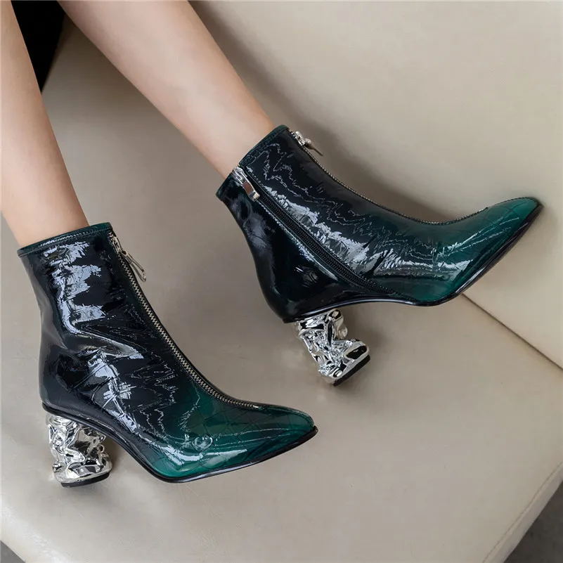 

FEDONAS Newest Women Fashion Patent Leather Strange High Heels Ankle Boots Autumn Winter Chelsea Boots Party Prom Shoes Woman