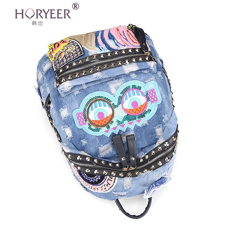 HORYEER kanken backpack women shoulder bag denim school for teenager girls jeans rivet backpacks vintage blue rucksack | Багаж и сумки