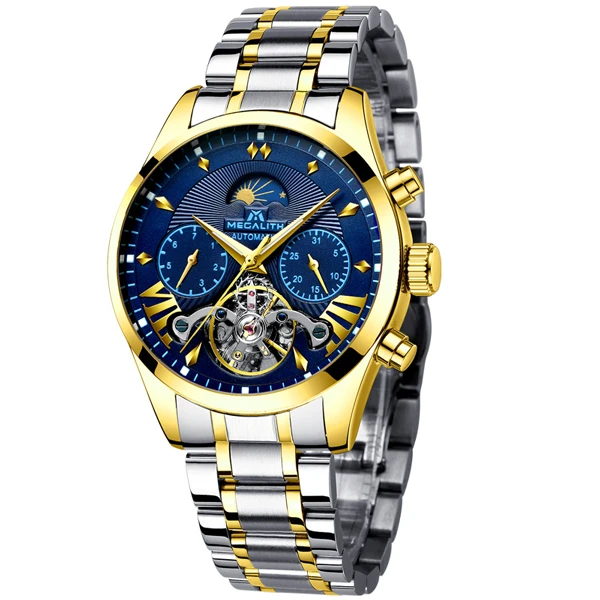 MEGALITH Мужские автоматические механические наручные часы tourbillon кожаные водонепроницаемые бизнес часы мужские спортивные наручные часы Relojes Hombre - Цвет: steel gold blue