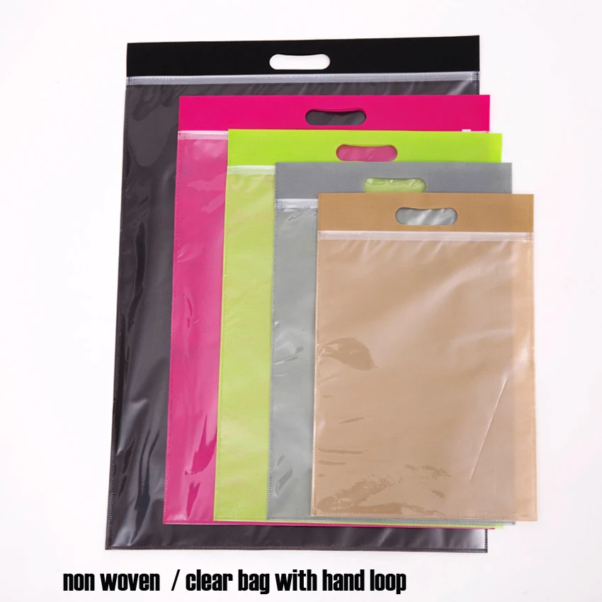

50pcs/lot all sizes 20/25/30/35/40cm +hand loop-6colors Nonwoven ziplock Gift Travel transparent handbag clothes packaging bags