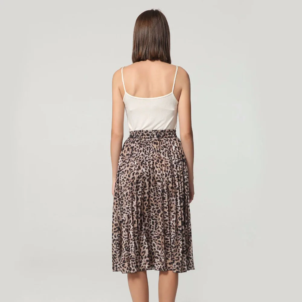 Luzuzi women stylish leopard print pleated skirt snake faldas mujer Drawstring tie elastic waist casual mid calf skirts CE3068 | Женская