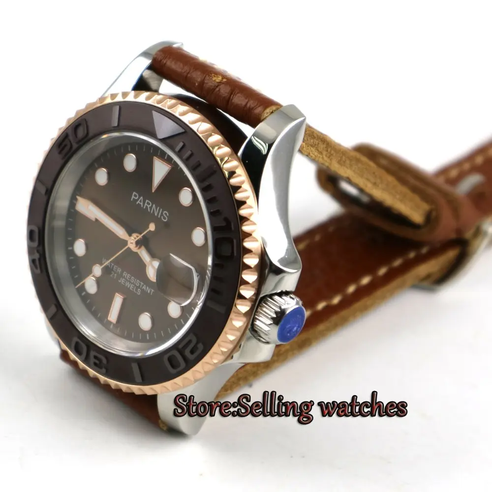 41 мм Parnis кофе циферблат коричневый ремешок сапфировое стекло керамический