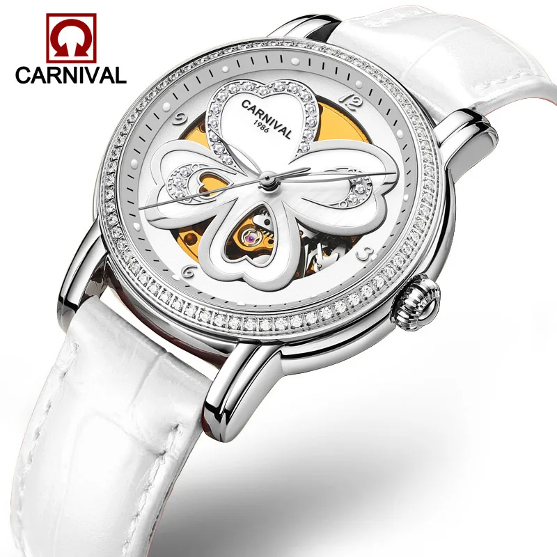 Automatic Watches relogio feminino CARNIVAL Luxury Women Mechanical Wristwatch Red Leather Skeleton Watch Luminous Sapphire 2018 enlarge
