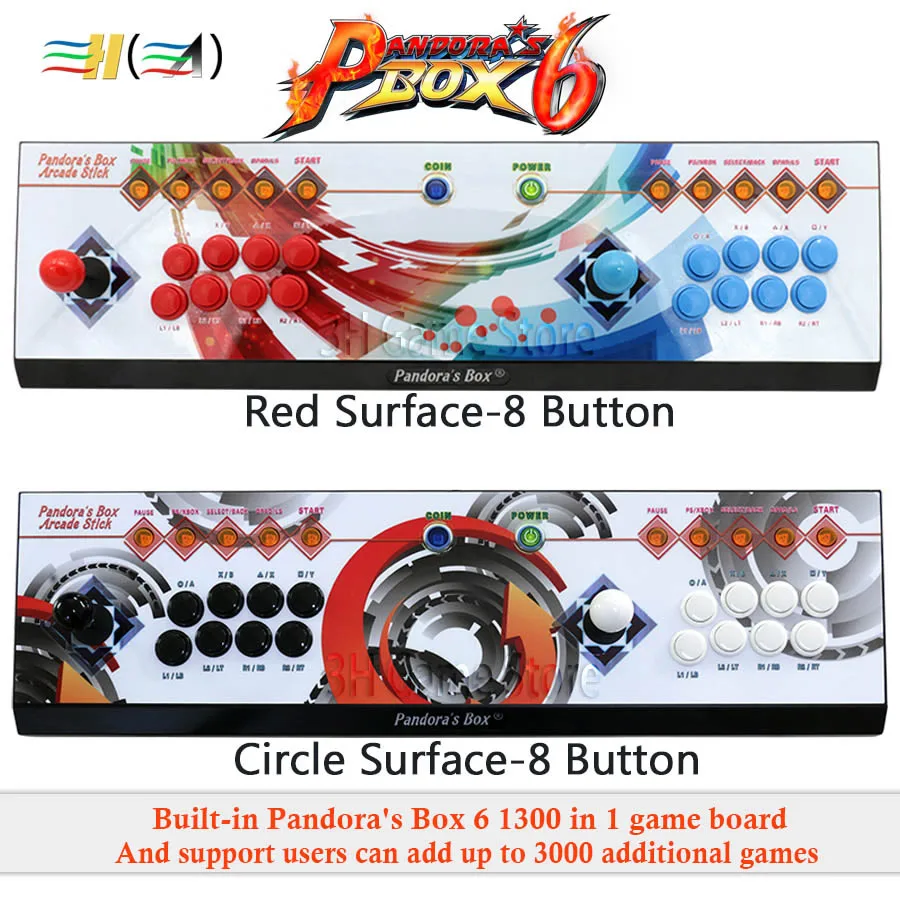 

2 игрока Pandora's Box 6 1300 в 1 можно добавить 3000 игр аркадная игровая консоль 8 кнопок контроллер Поддержка добавить FBA MAME PS1 game