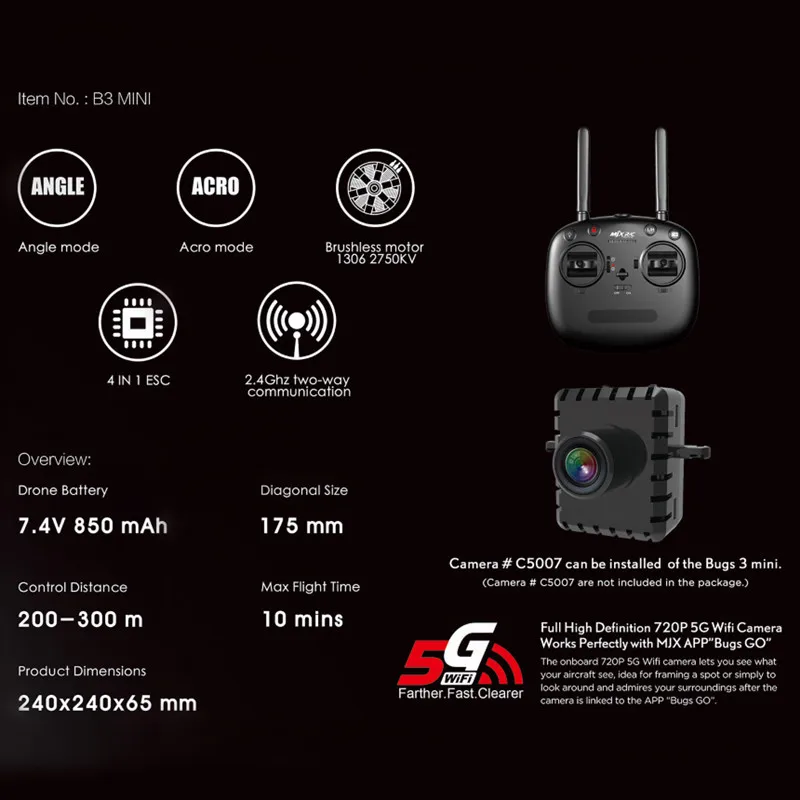 B3 Bugs 3 MJX Мини RC Дрон Квадрокоптер бесщеточный с мотором 1306 2750KV 7 4 V 850 mAh 45C батарея VS