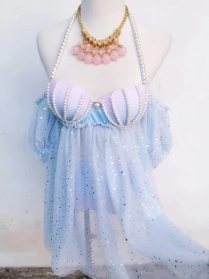 Женский купальник бикини Русалочка с блестками и градиентным жемчугом рукавами