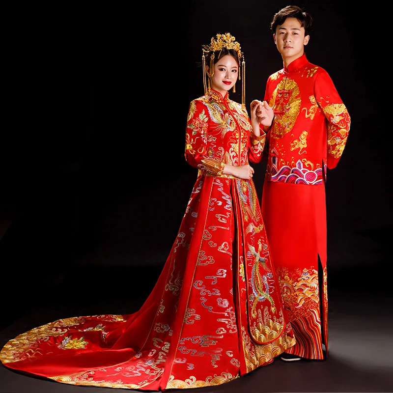

bride wedding dress Traditional chinese style costume Phoenix cheongsam Embroidery clothing Luxury ancient Royal Red Qipao gown
