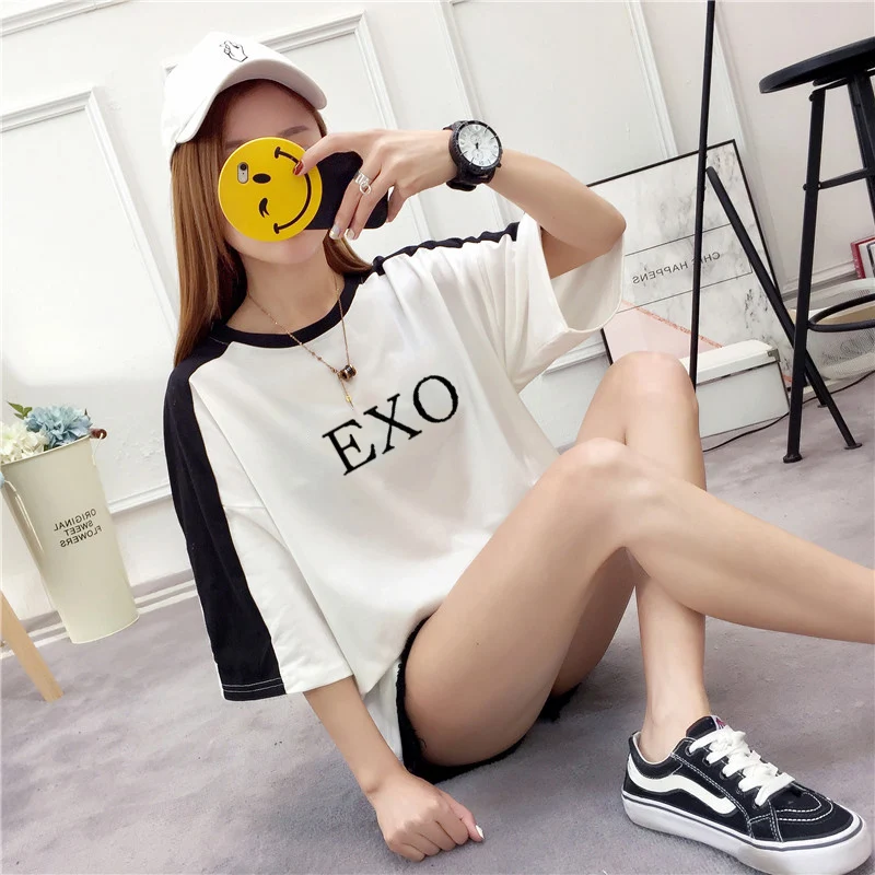 Ulzzang футболка женские летние топы 2019 экзо короткий рукав Футболка Женская Harajuku